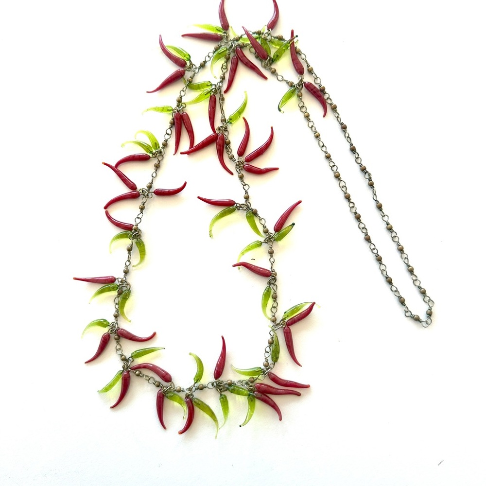 Vintage Red and Green Glass Chili Pepper Necklace  with Brass Chain
